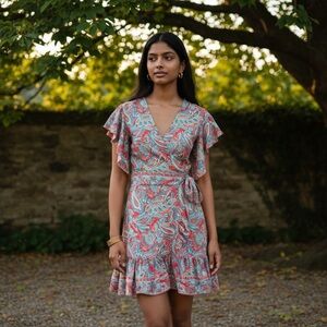 Jeuvre 100% silk orange/teal paisley/floral wrap dress, size small